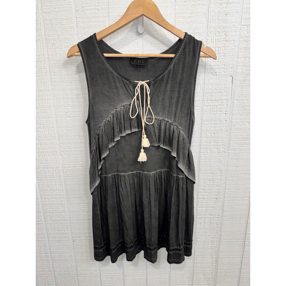 POL Sleeveless Top Women Charcoal Gray Mineral Wash Ruffle Tassel Boho Small